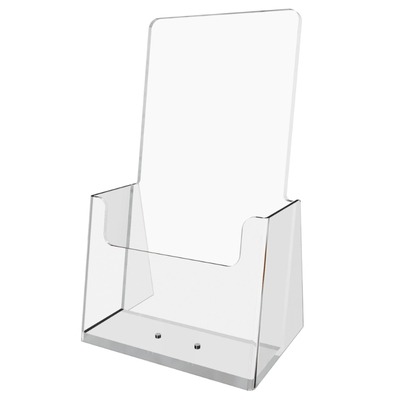 Clear acrylic brochure holder with a flat base and slanted back.