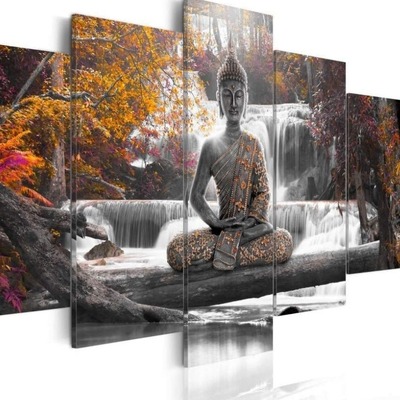 Five-panel canvas print featuring a Buddha statue with a waterfall in the background and autumn foli