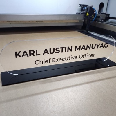 Desk name plate for Karl Austin Manuyag, CEO.