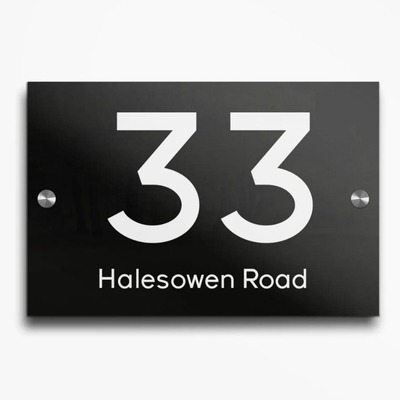 Black acrylic address sign with the number 33 and 'Halesowen Road' text.