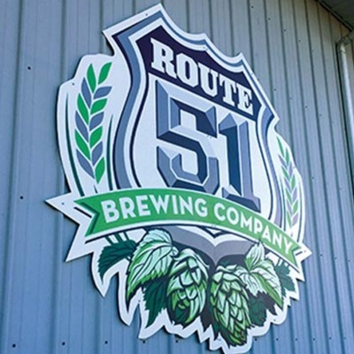 Sintra board sign for Route 51 Brewing Company mounted on a building.