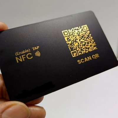 Black NFC digital business card with gold QR code and NFC tap instructions.