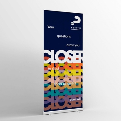 Youth event pull-up banner with the text 'Your questions draw you closer to God.