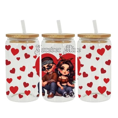 Three soda glasses with heart patterns and a couple illustration with 'Forever Mine' text.