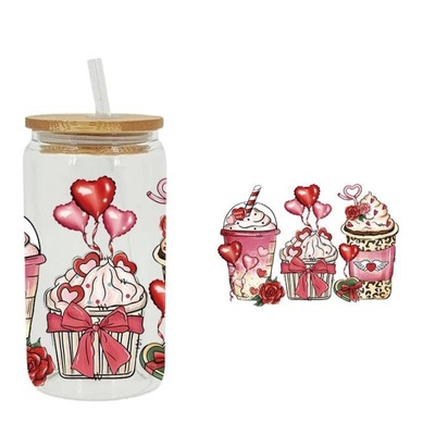 Soda glass with heart-themed cupcakes and milkshake designs.