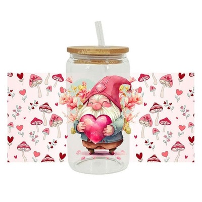 Soda glass with a gnome holding a heart and mushroom-themed background.