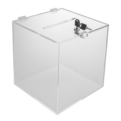 Large clear acrylic suggestion box with a lock and key.