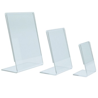 Set of three clear acrylic L type display toppers in varying sizes.