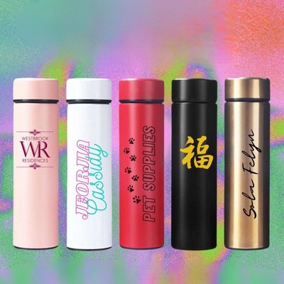 Set of five customized tumblers in various colors with different logos and text.