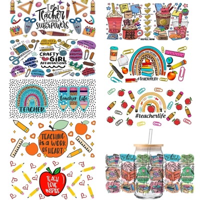 Assortment of colorful teacher-themed UV DTF transfer stickers with various designs.