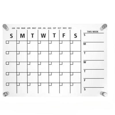 Clear acrylic weekly planner with standoff mounts and grid layout.