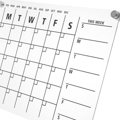 Close-up of acrylic weekly planner with standoff mounts.