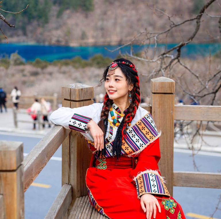 a woman in a red dress sitting on a bench