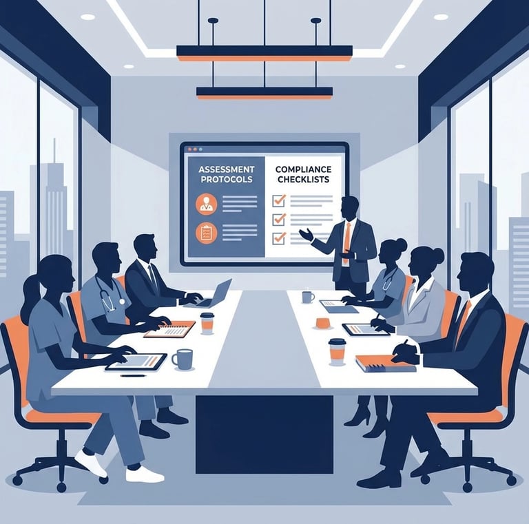 Home health clinical team conducting training session on OASIS assessment protocols with compliance 