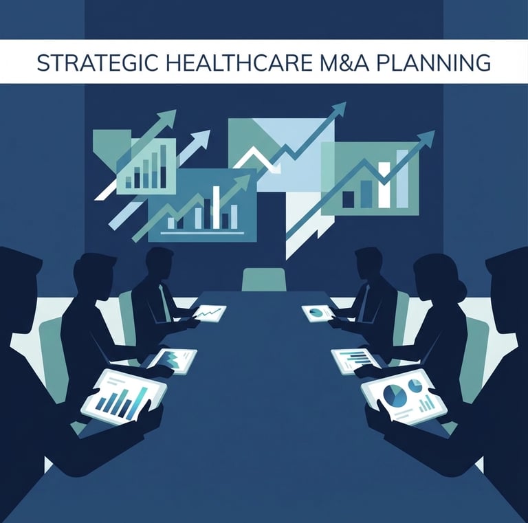 Professional business meeting with healthcare executives reviewing acquisition documents and financi