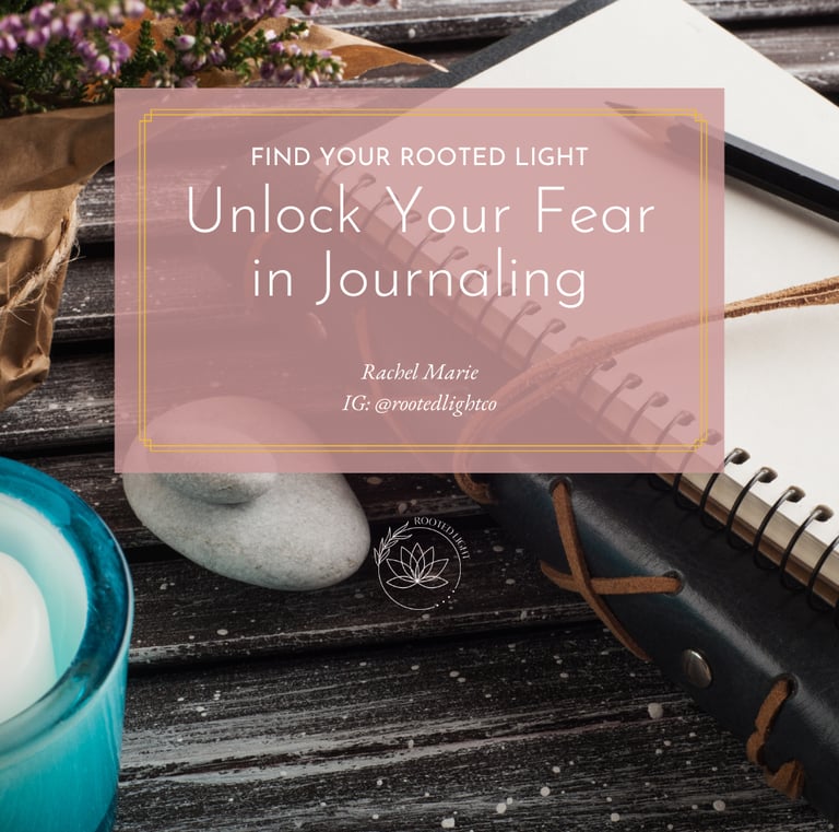 Title: Unlock Your Fear in Journaling; Picture in the background of a journal with a pencil on top, a candle, and flowers