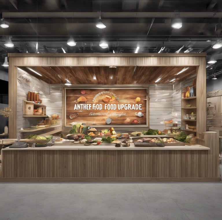 A gourmet dish is plated elegantly on a round ceramic plate. The dish consists of a golden-brown fried patty topped with white sauce, garnished with vibrant green leaves and crispy orange strips. A creamy, iced coffee drink is placed beside it on the wooden table.
