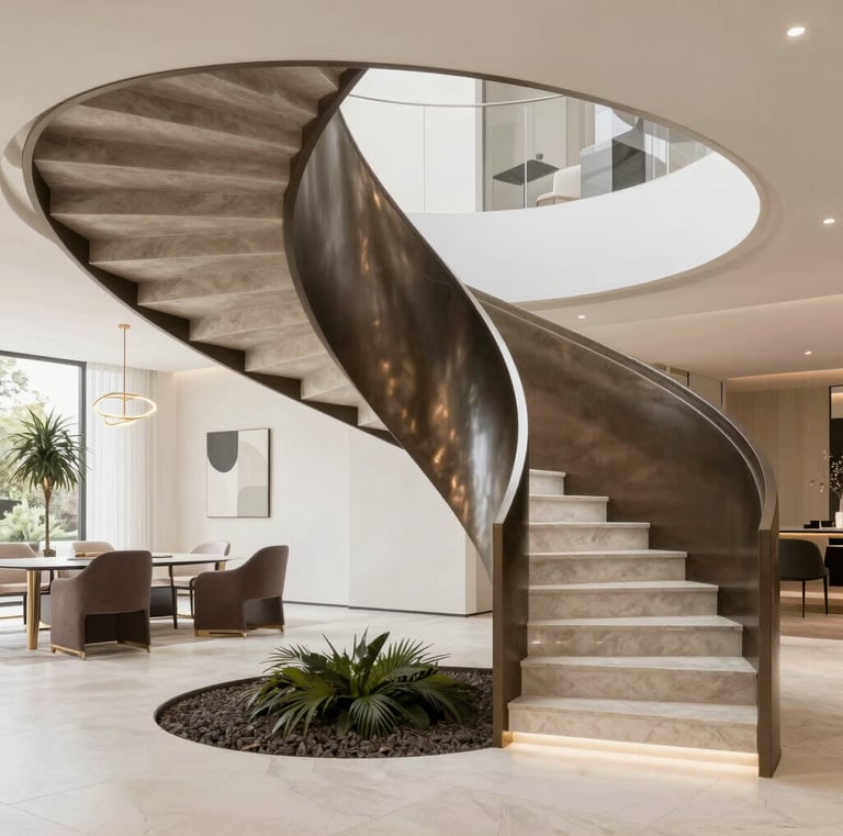 A narrow spiral staircase crafted from rich mahogany wood winding upward in a cozy interior.