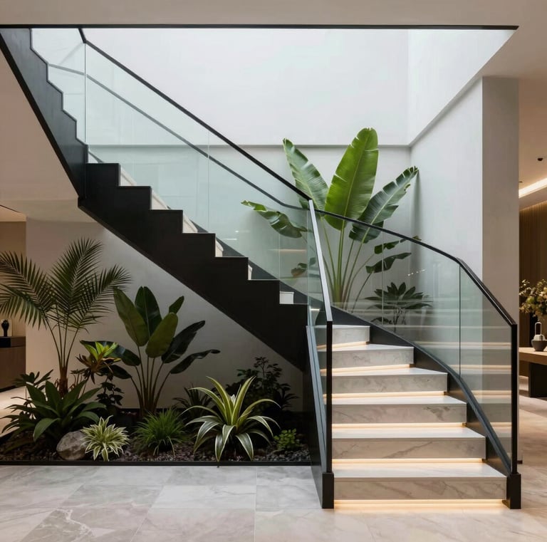 An airy staircase with white risers and oak treads illuminated by a large skylight above.