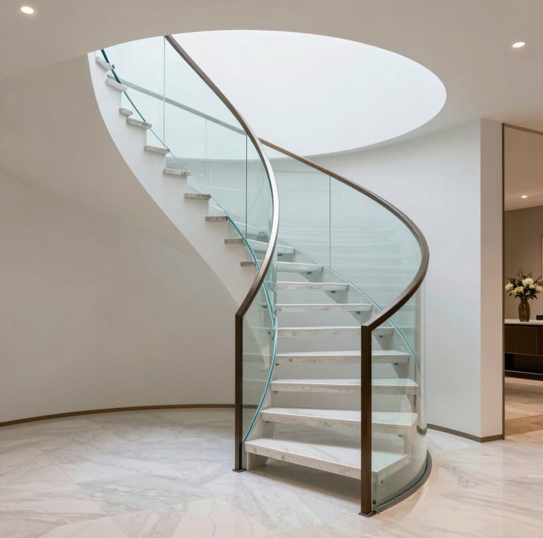A sweeping curved staircase with dark wood steps and a sleek glass railing bathed in natural light.