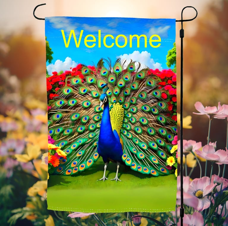 A garden flag picturing a brightly colored peacock and the word welcome.