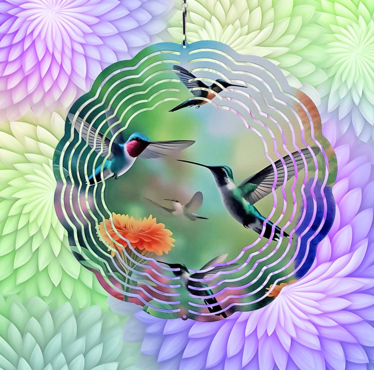 a wind spinner picturing hummingbirds in flight.