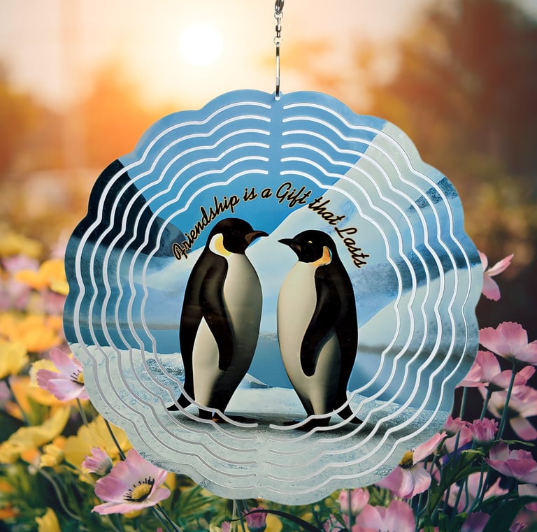a wind spinner picturing two penguins talking about the gift of friendship.
