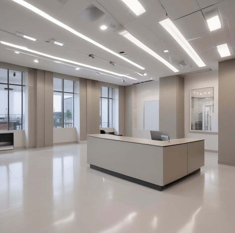 A construction or renovation site filled with debris and rubble. There is a ladder on the ground and scattered building materials, including a hard hat prominently visible in the center. The walls show signs of damage, and a new ceiling structure is partially constructed. Shelves on the left side hold items and a backpack. A maintenance box with a caution sign is attached to the wall.