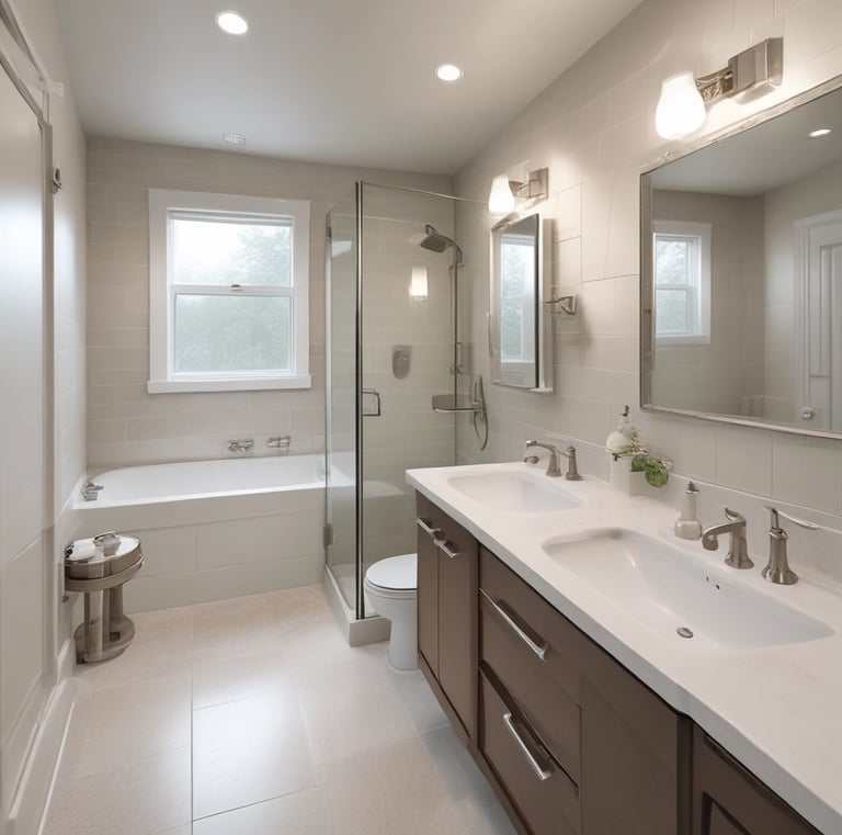 A well-maintained exterior of a house with light-colored siding and green-and-white striped awnings above the windows. A large, neatly trimmed shrub with numerous red flowers is positioned near the entrance, next to a small set of stairs leading to the front door. The bright sunlight casts soft shadows, suggesting a clear day.