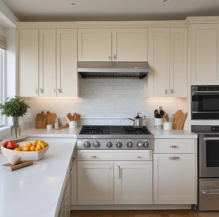 A well-maintained urban residential facade with a white brick exterior and ornate window moldings. A staircase with a black railing leads up to a striking blue door. A tree with dark red leaves adds contrast, with its shadows casting on the building's surface. The street in front features a double yellow line and a textured sidewalk.