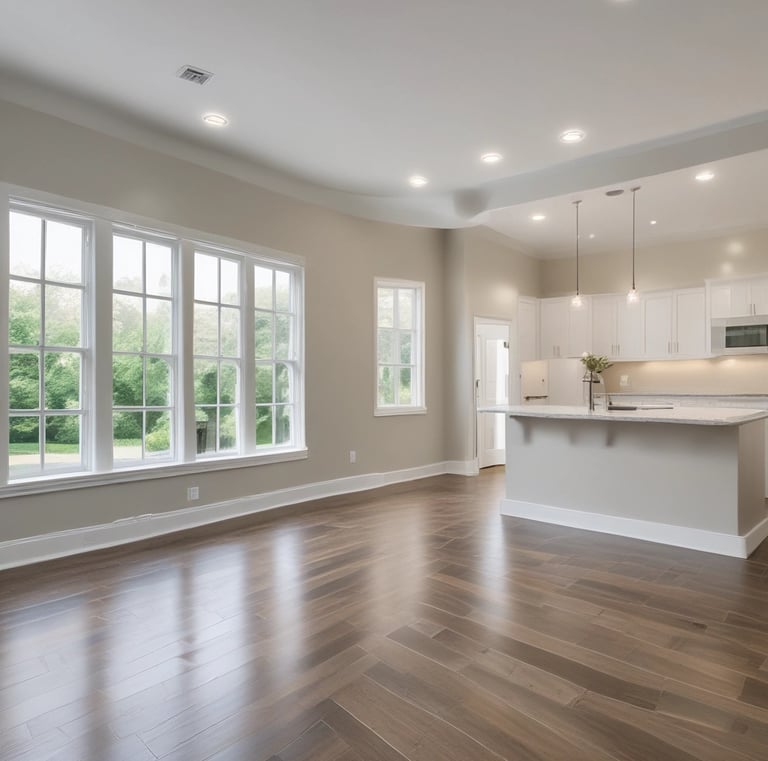 A small, well-maintained house with a brown roof, yellow exterior, and white trim is shown. The house has a front porch with white railings, potted plants, a few outdoor chairs, and an American flag hanging. The front yard is lush with green grass, and there are various bushes and plants along the base of the house. Tall trees and some shrubs can be seen in the background along with a clear blue sky.