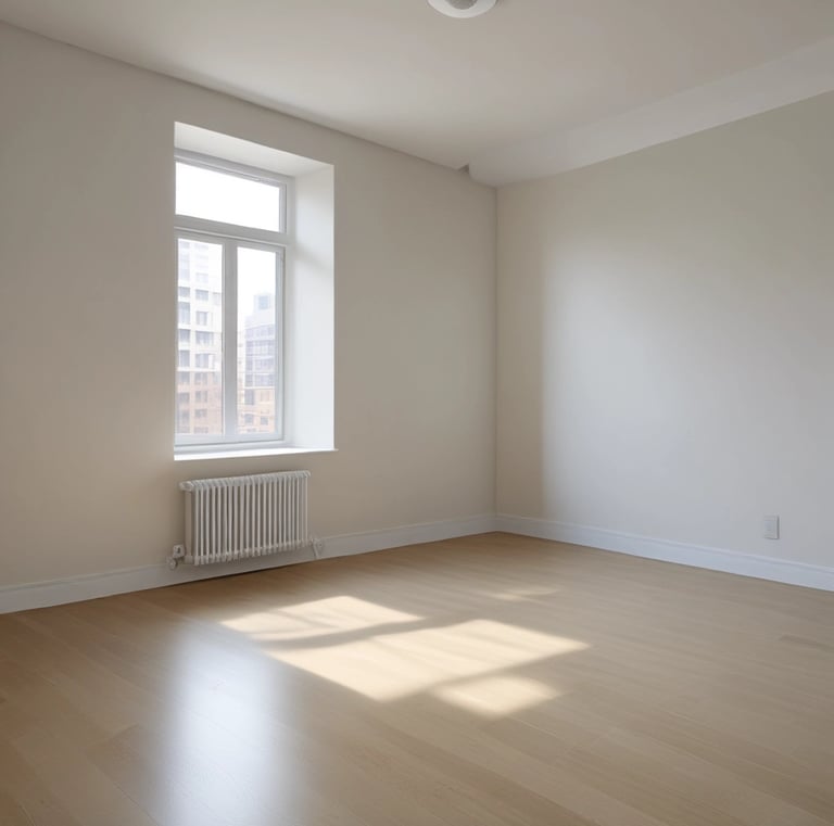 A small, old house with a rusted roof and white walls stands with a pile of gravel in front. Two men are working near the gravel, one holding a tool, and surrounded by scattered building materials. A large tree with green leaves is on the left side.