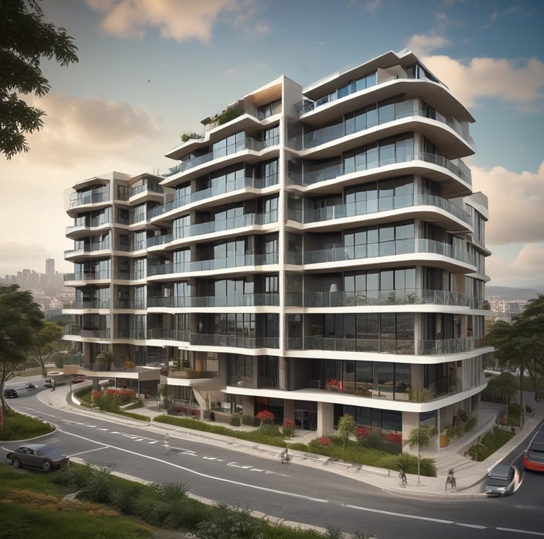 A tall, modern skyscraper with a sleek, geometric design features numerous windows and balconies. The foreground displays a sign advertising luxury penthouse suites with information on sales and rentals. Several small trees and flagpoles are lined up on the terrace, adding a touch of greenery to the urban setting.