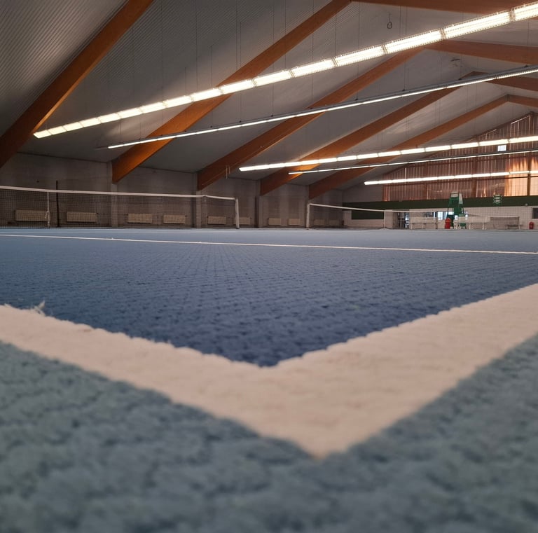 a tennis court with a tennis ball and racket