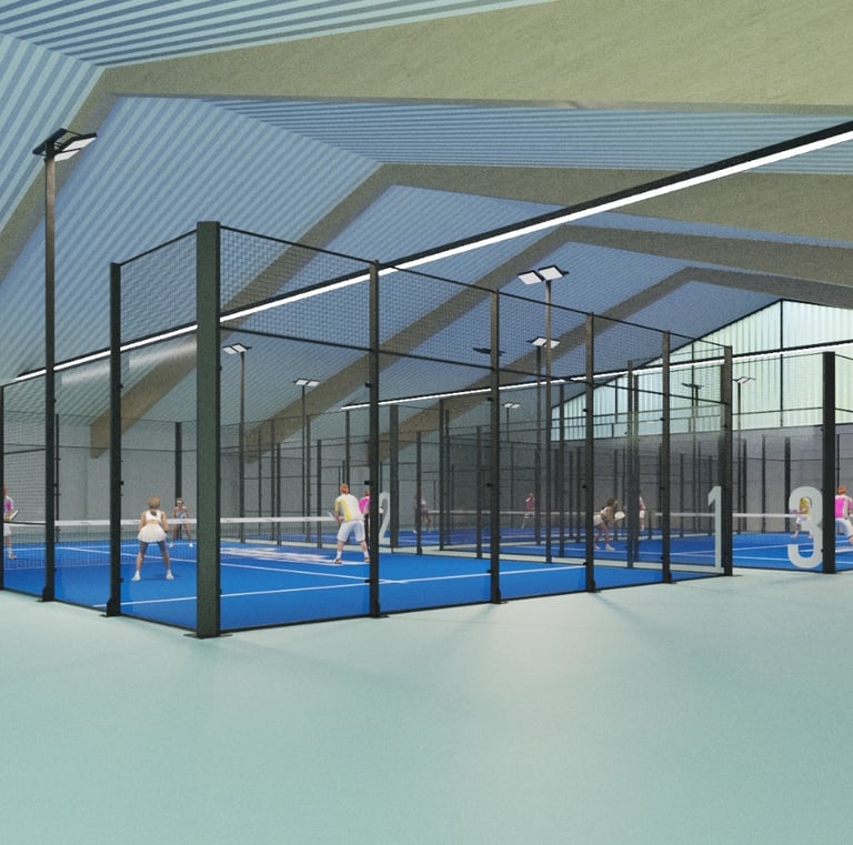 a padel tennis court with people playing padel on a sunny day