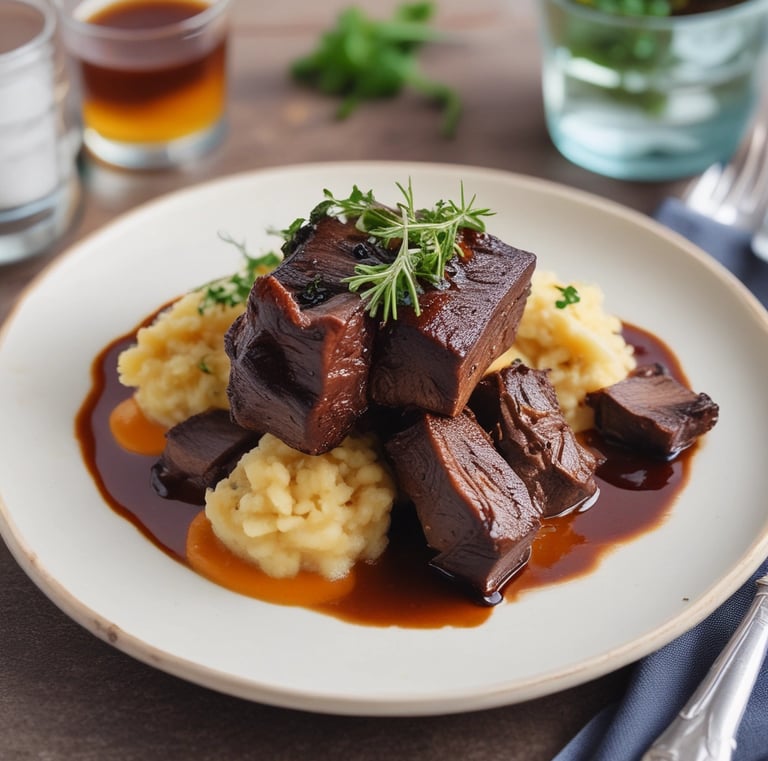 Dark & Stormy braised beef short ribs with celery root mash