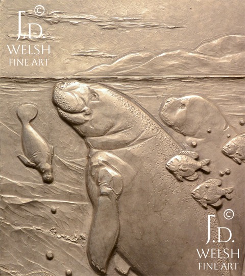 Clearwater Grouping - manatees and fish in lagoon - bronze relief sculpture - Jeremiah D Welsh