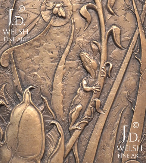 Fly Catcher, Someday - Juvenile Tree Lizard in Yuccas - Bronze relief sculpture - Jeremiah D Welsh