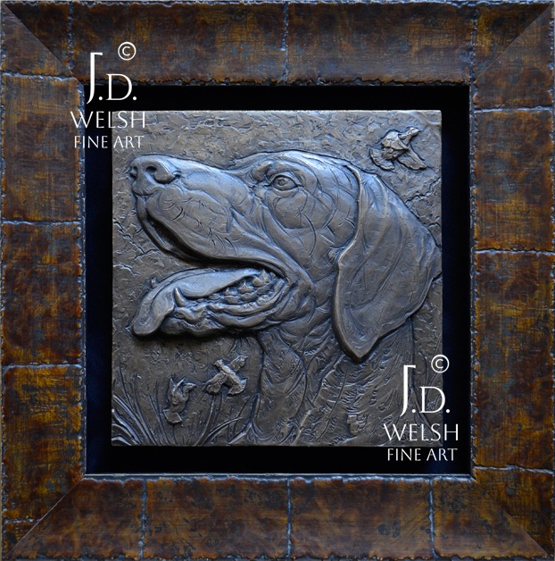 German Shorthaired Pointer and Ruffed Grouse Portrait - Bronze Relief Sculpture - Jeremiah D Welsh