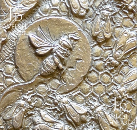 Honey - Bees in organic hive - Japanese inspired bronze relief sculpture - Jeremiah D Welsh