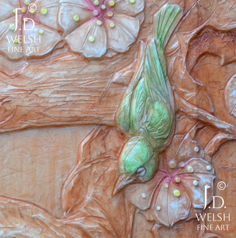 Mejiro Birds in Plum Blossoms - resin relief sculpture - Visions of Spring NSS - Jeremiah D Welsh