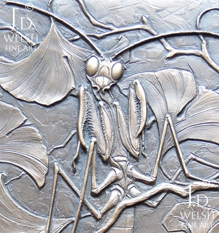 Prey and Mantis - Preying Mantis, Inch Worm, Ginko - bronze relief sculpture - Jeremiah D Welsh