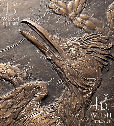 Reaction Time - Collared Lizard and Roadrunner - bronze relief sculpture - sold - Jeremiah D Welsh
