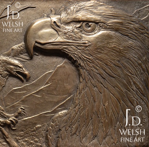 Teton Pair - Pair of Bald Eagles in the Tetons - bronze relief sculpture - Jeremiah D Welsh