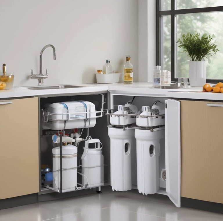 An aerial view of a wastewater treatment facility surrounded by various landscapes, including cultivated fields and a small cluster of residential buildings. The facility features circular water treatment pools and is situated near a road that curves through the area. A hilly terrain extends in the distance with the coastline visible at the horizon.