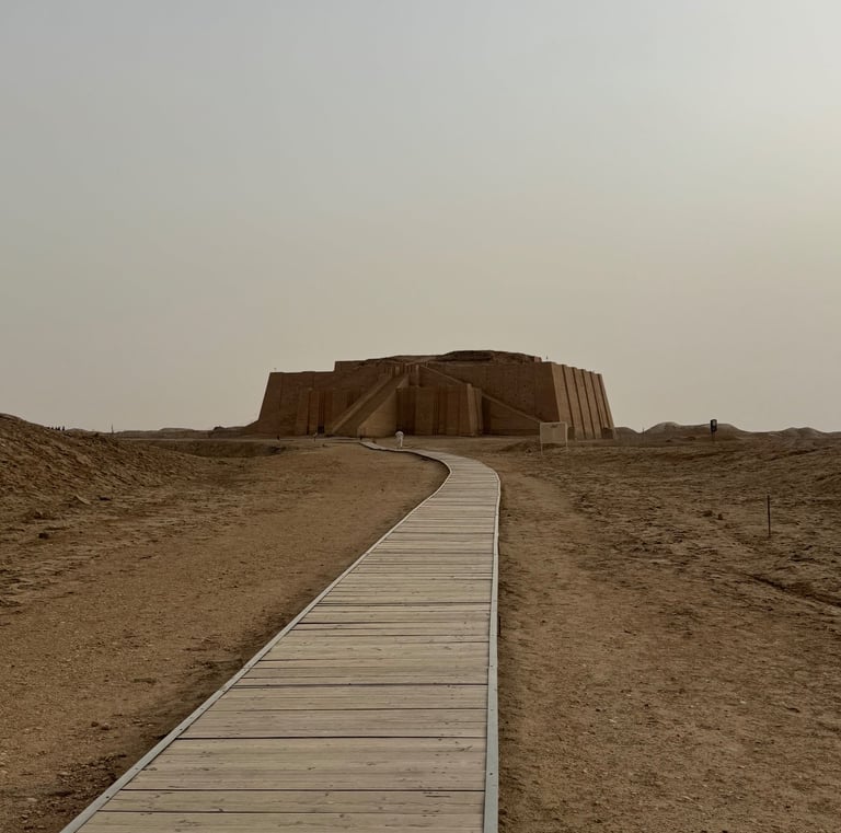 The ziggurat of Ur during a cloudy time.