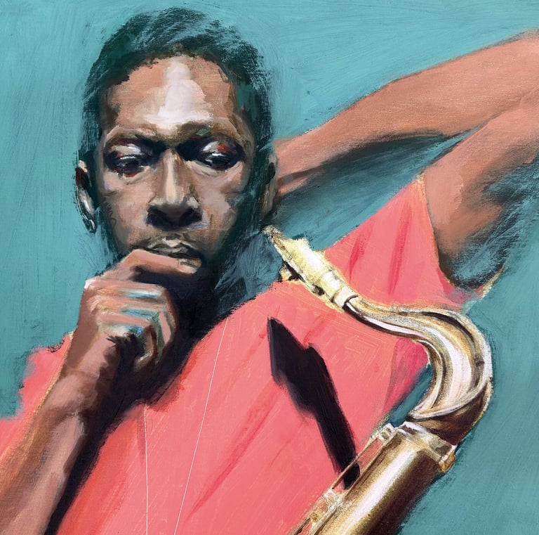 a painting of John Coltrane with oil on canvas