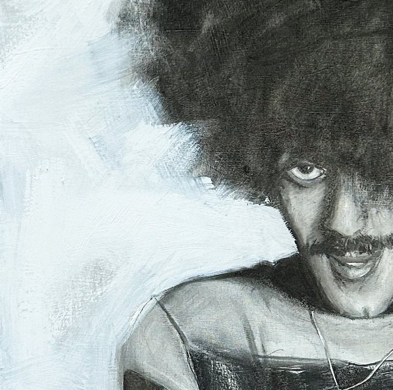 a drawing of Phil Lynott charcoal on canvas