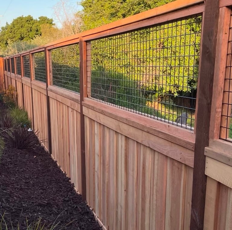 Wood fencing with mesh top panel.
