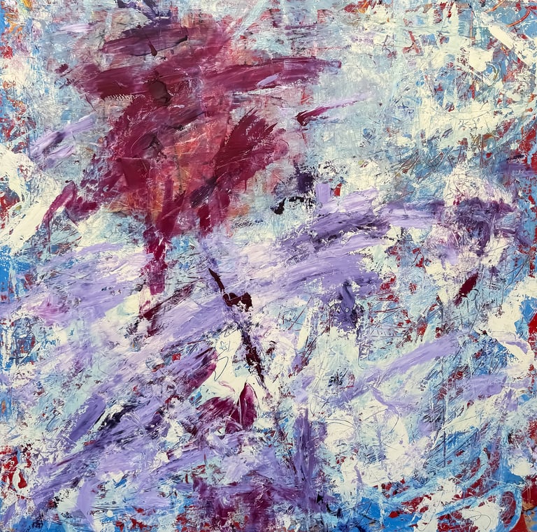 Abstract oil painting with expressive purple, red, and blue brushstrokes on a white textured background.